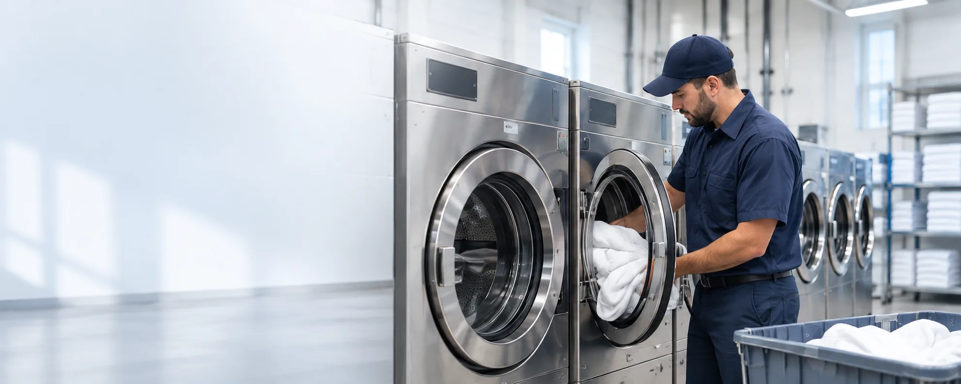 Illustration of a commercial laundry technician loading linens into stainless laundry equipment