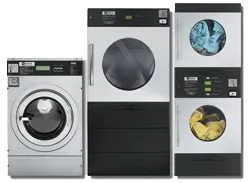 Commercial front-loading washer and stacked dryers